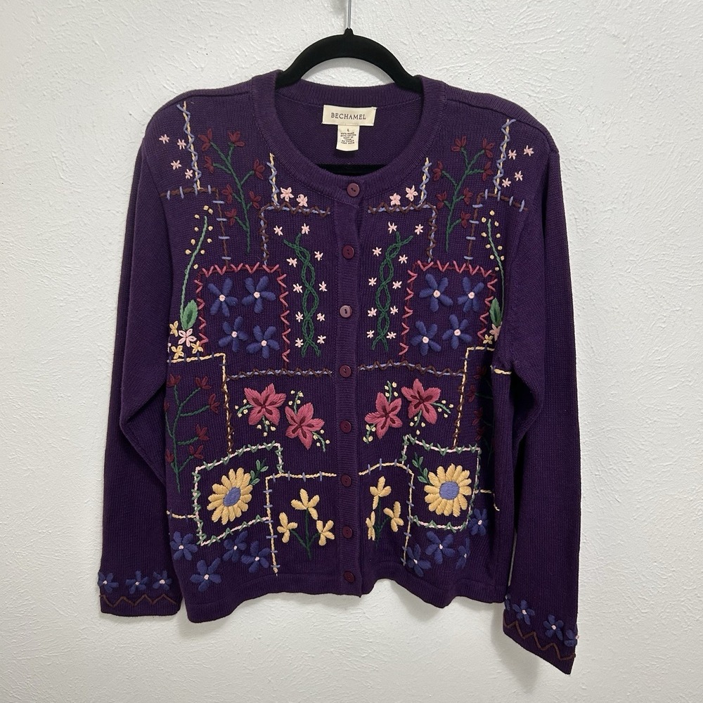 Vintage Purple Floral Embroidered Patchwork Button-Up Cardigan Sweater L Grandma